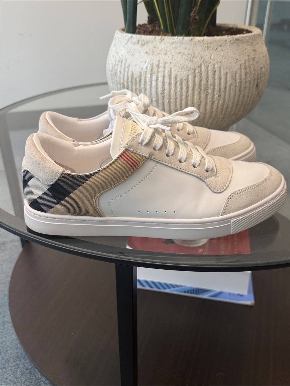 Burberry White Leather Sneakers with Beige Check Heel. Female worn, size 9 women